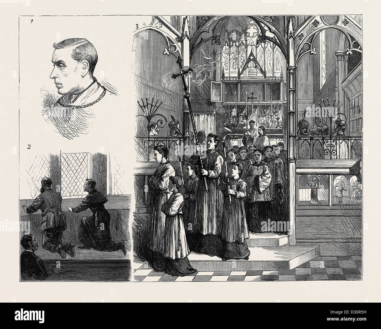 THE RITUALISTIC SERVICES AT HATCHAM: 1. Portrait of Rev. A. Tooth; 2. Besieged in the Vestry; 3. The Procession from the Altar Stock Photo