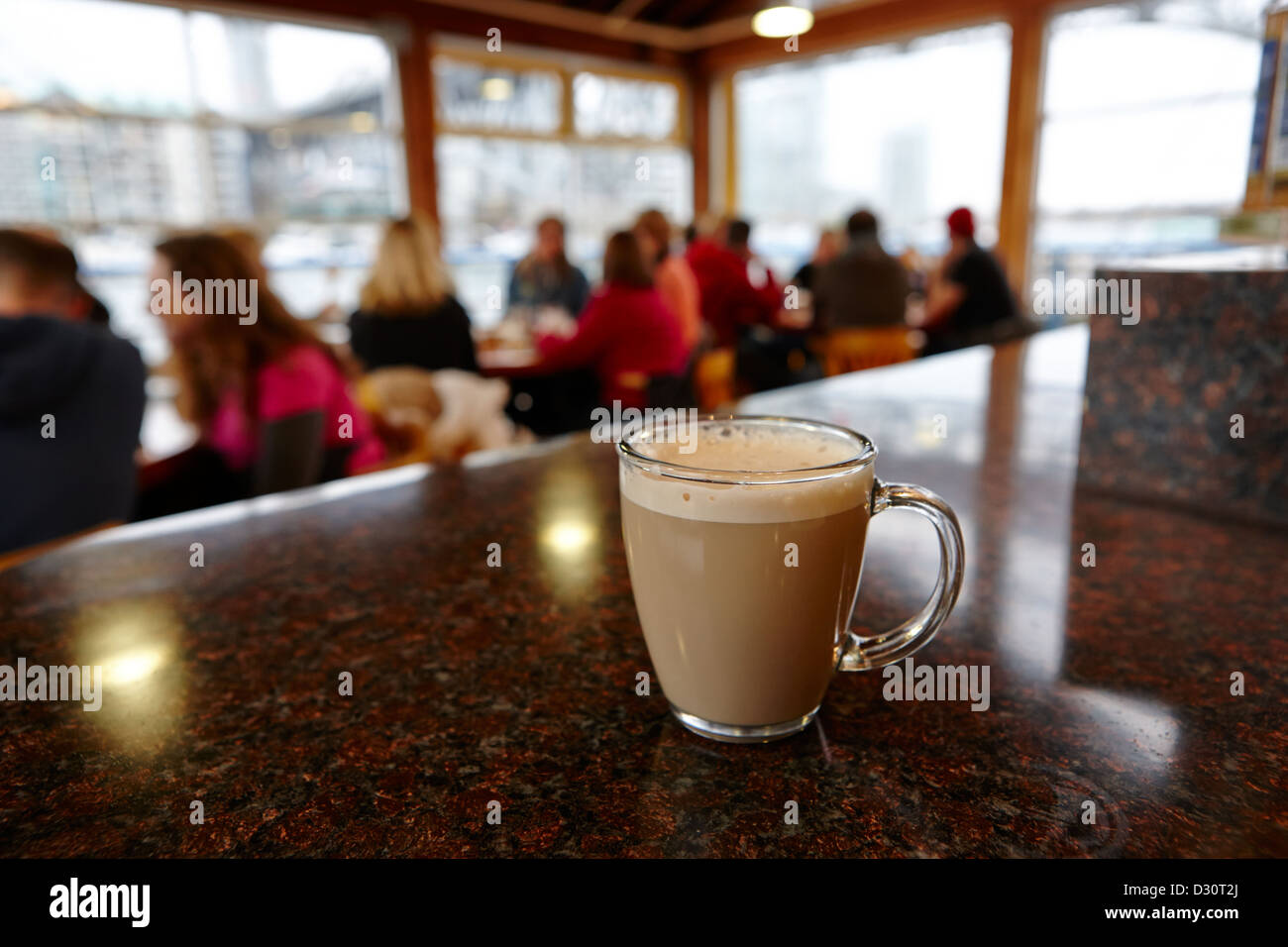cup of chai latte tea in a cafe in granville island public market