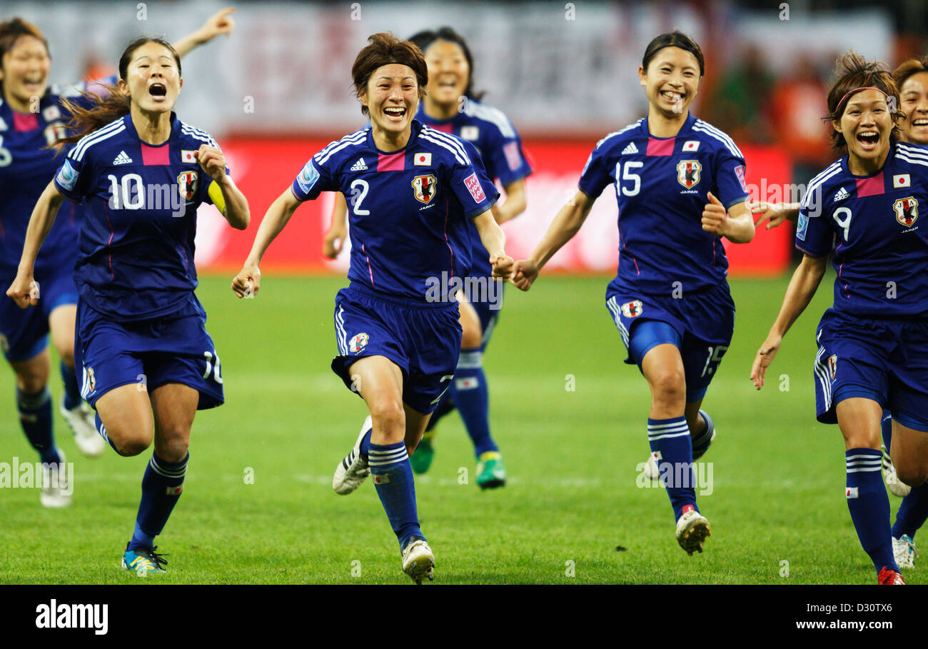 Japan team players celebrate after defeating the United States to win the FIFA Women's World Cup final. Stock Photo