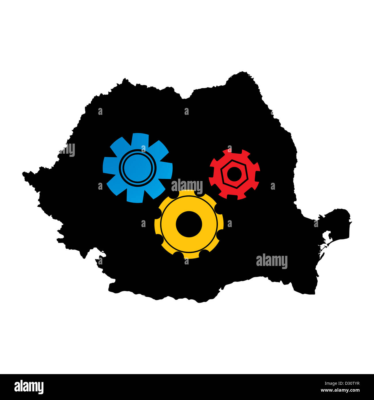 Conceptual graphic icon of Romania map with working gears in flag colors. Stock Photo