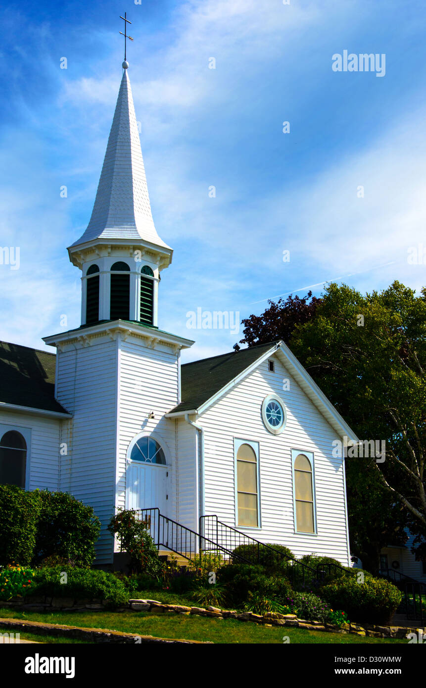 The historic Ephraim Moravian Church in the Door County town of Ephraim, Wisconsin Stock Photo