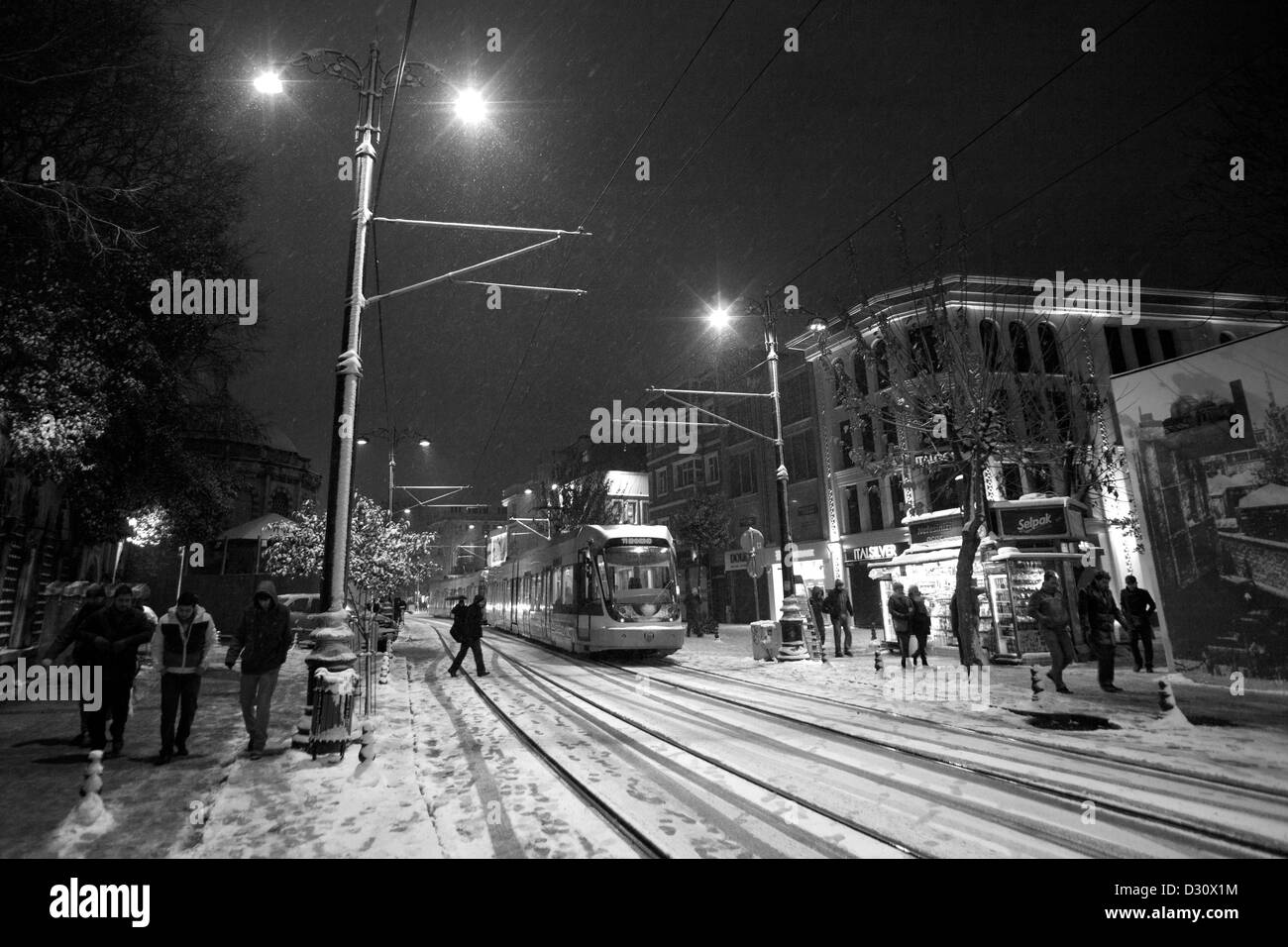 ISTANBUL TURKEY - Winter snowstorm scene in Divanyolu Caddesi, Cemberlitas district Stock Photo