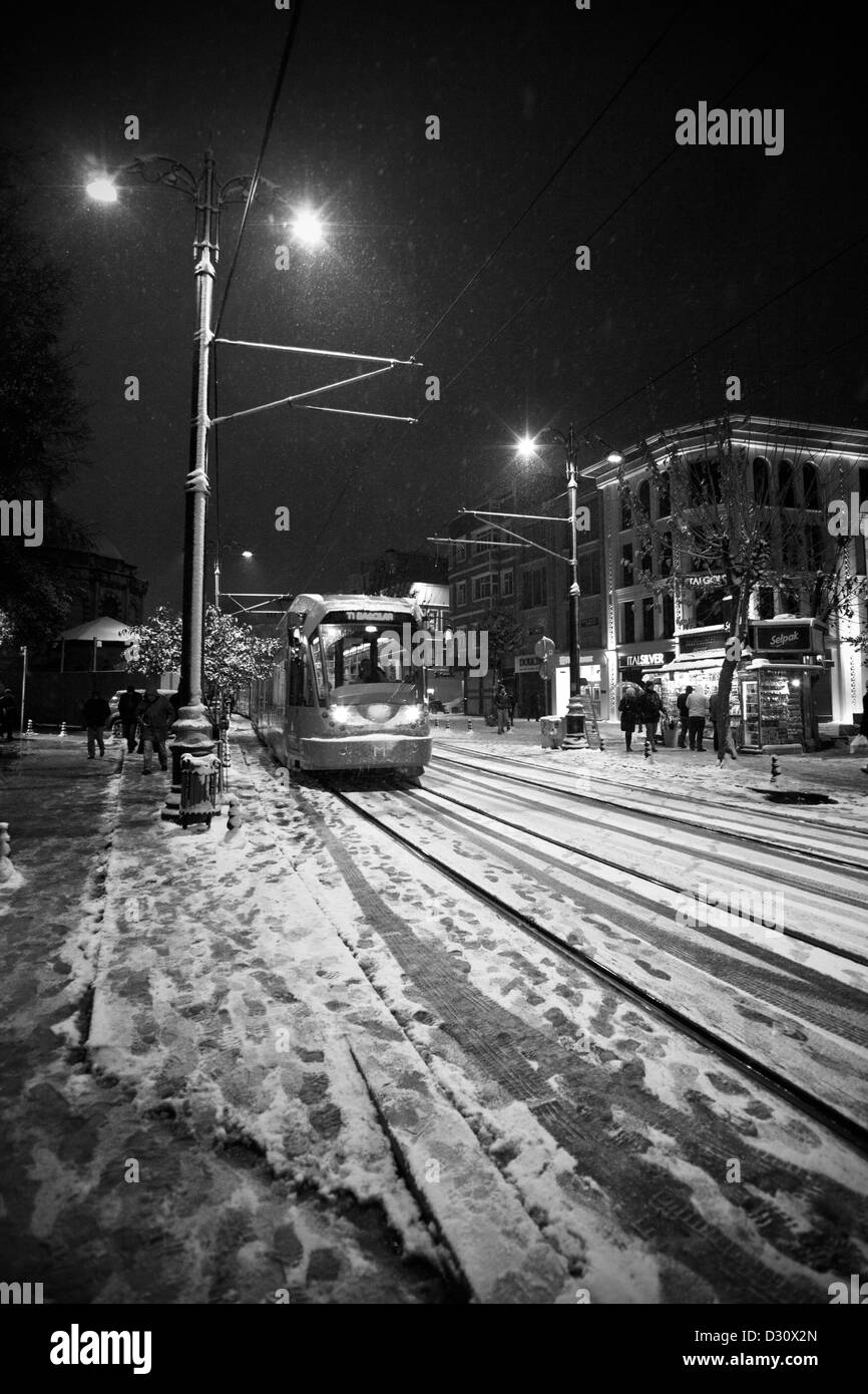 ISTANBUL TURKEY - Winter snowstorm scene in Divanyolu Caddesi, Cemberlitas district Stock Photo