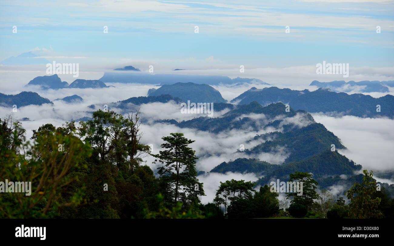 Cloud draped mountains and rain forest of Kalimantan, viewed from Borneo Highlands. Sarawak, Borneo, Malaysia. Stock Photo