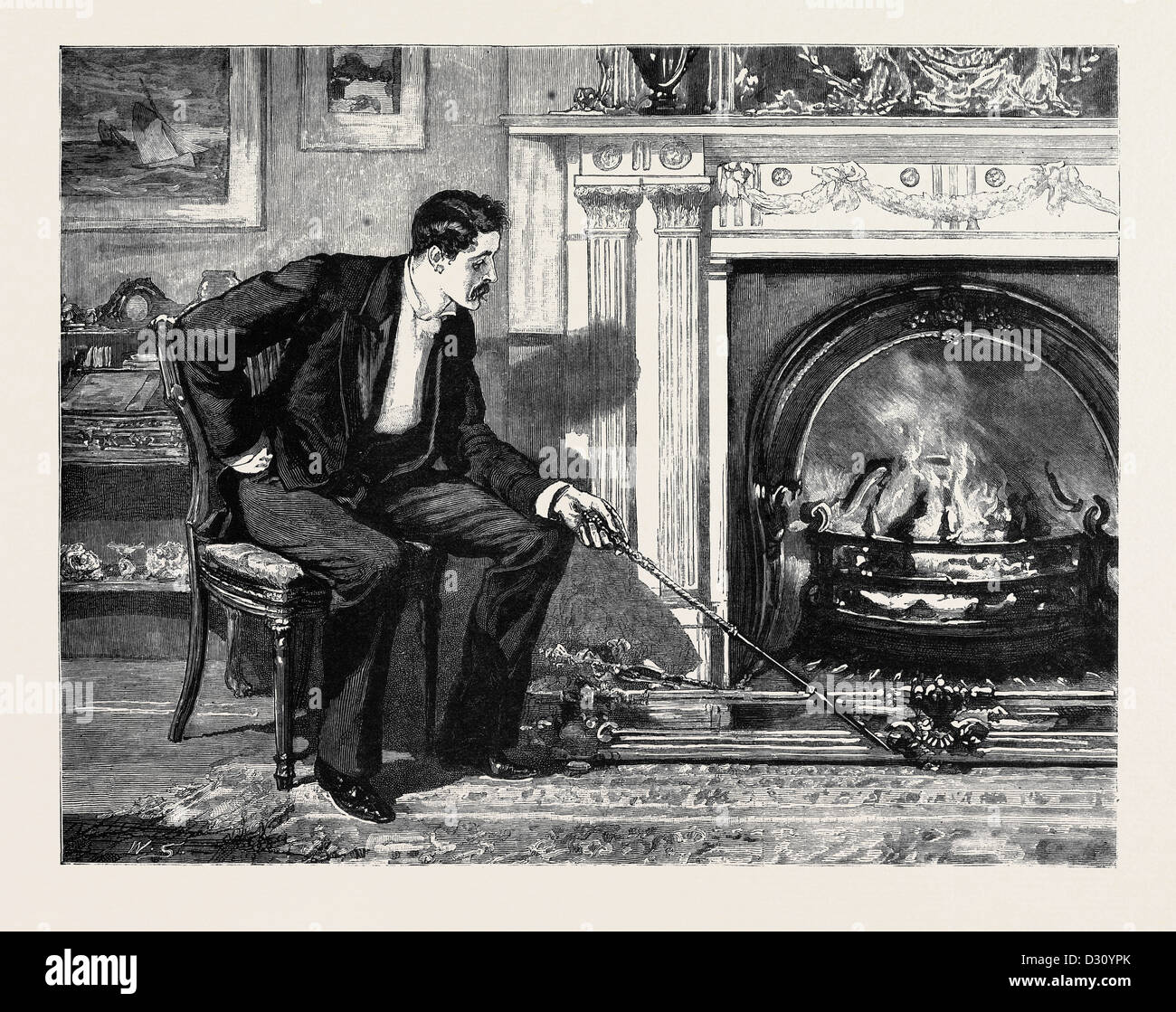 MARION FAY: A NOVEL, BY ANTHONY TROLLOPE: He sat gazing at his fire, holding the poker in his hand. Stock Photo