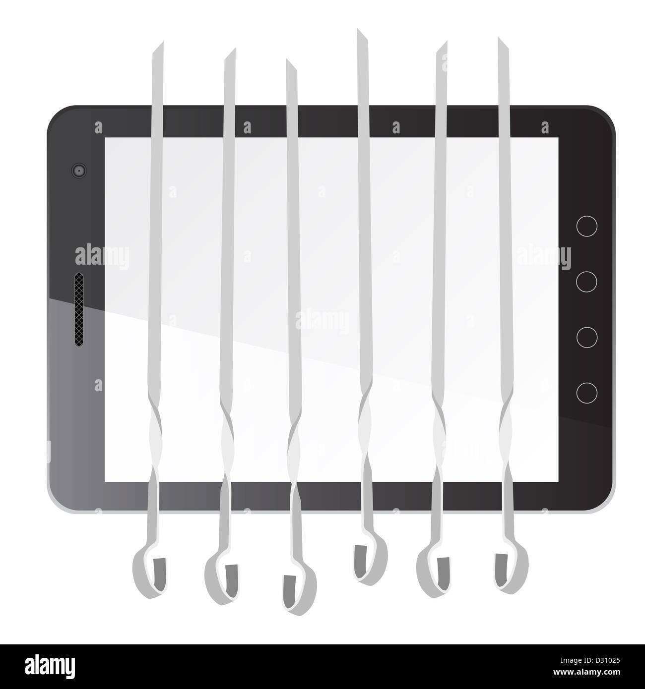 Tablet PC computer with a barbeque and skewers isolated on white ...