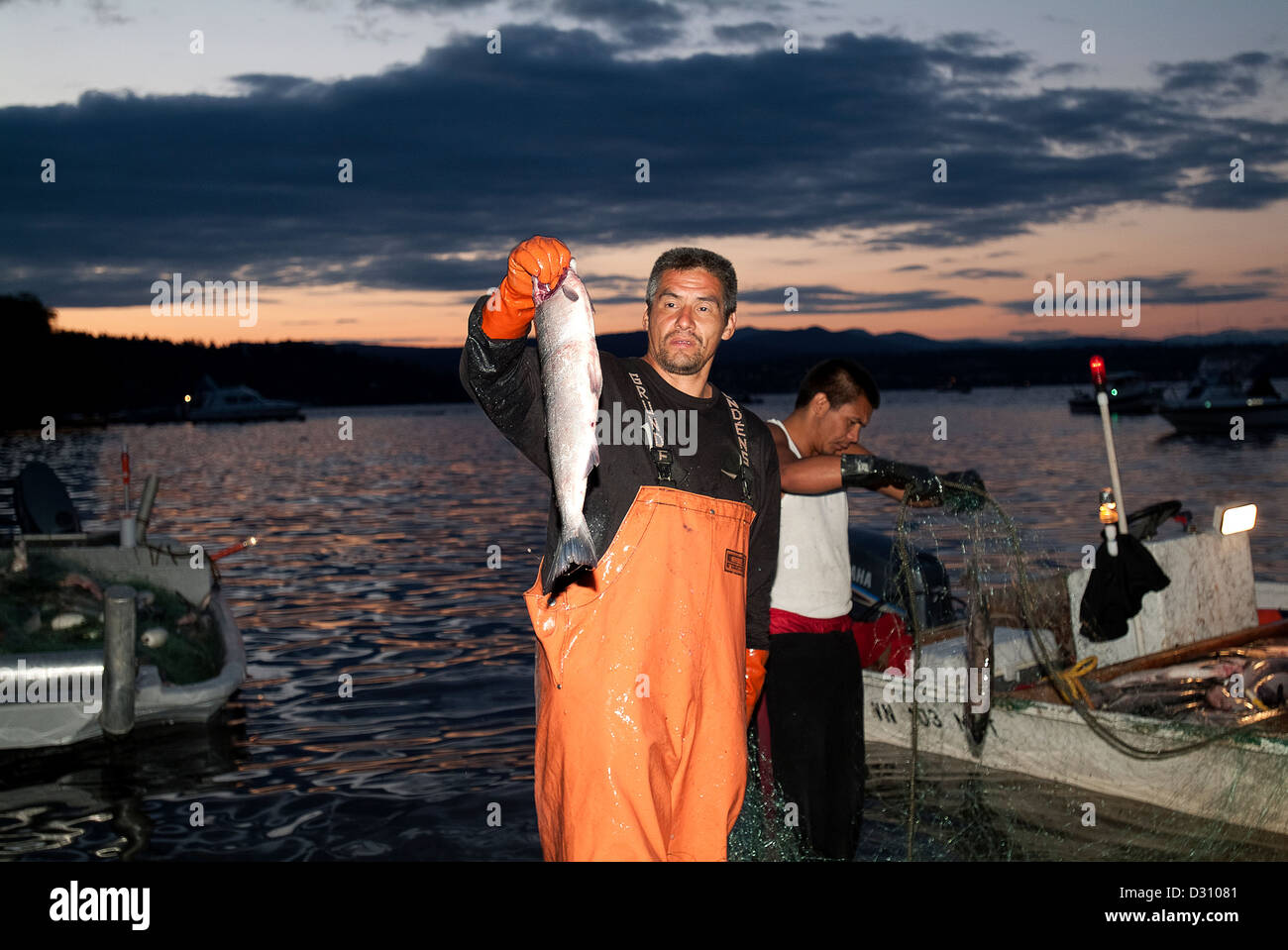 Muckleshoot fisherman holding salmon. Stock Photo