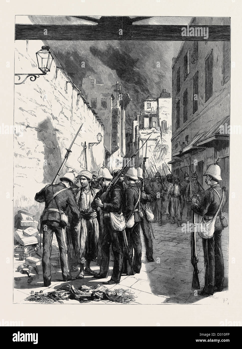 THE BURNING OF ALEXANDRIA: BRITISH MARINES ARRESTING ARAB LOOTERS AT THE CUSTOM HOUSE GATE, EGYPT Stock Photo