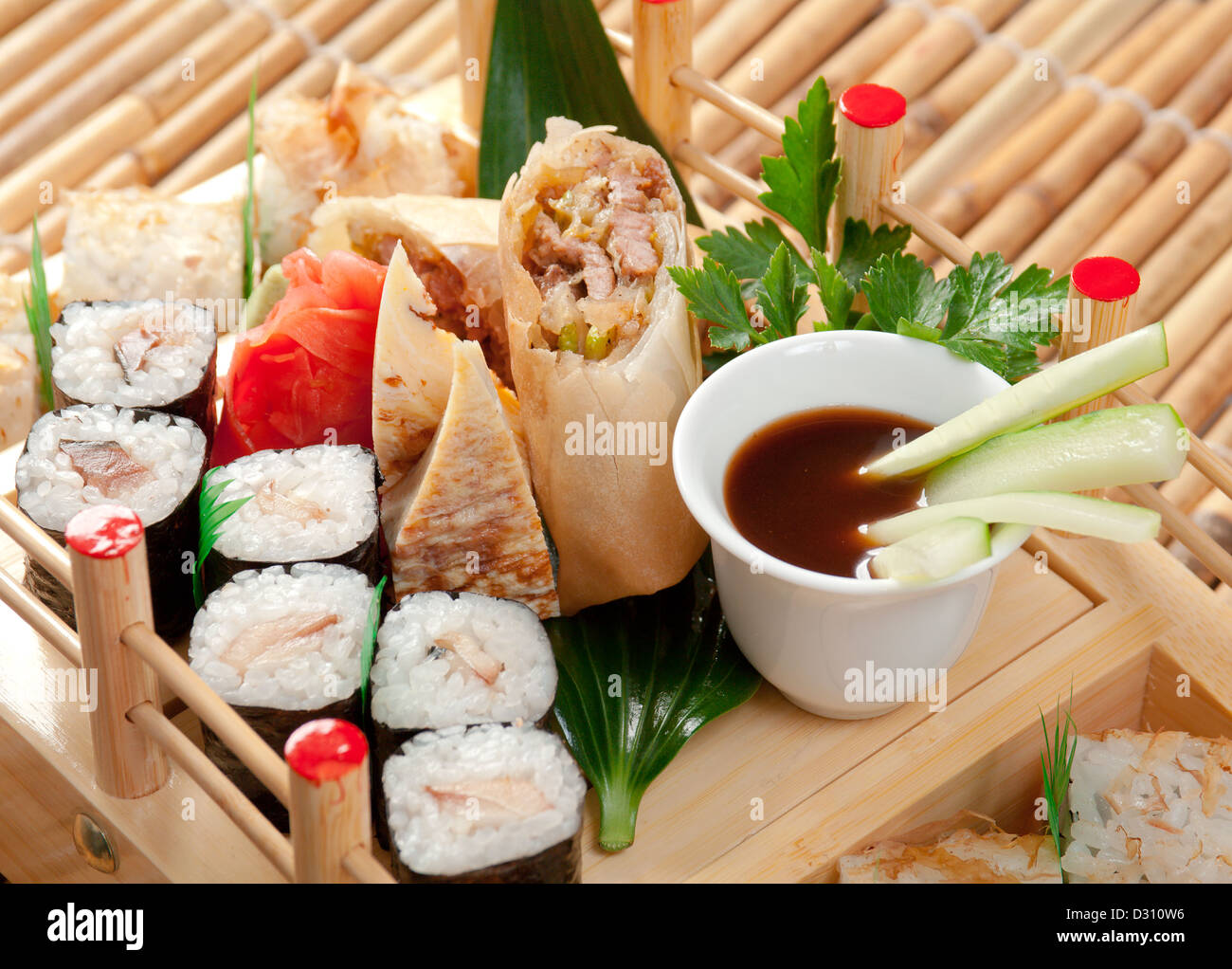 Assorted sushi Japanese food. traditional japanese food.Roll made of Smoked fish Stock Photo