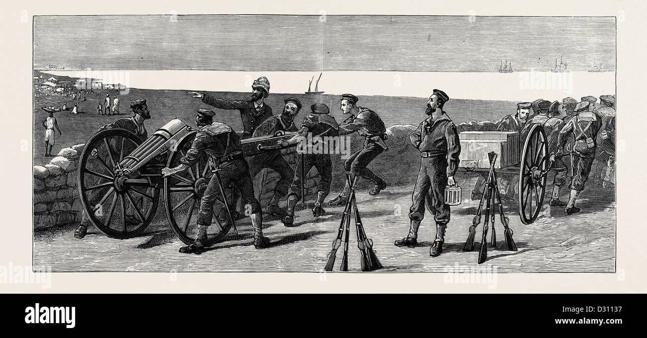 THE WAR IN EGYPT: PLACING A GATLING GUN IN FORT ROYAL, PORT SAID, TO COMMAND THE APPROACH FROM THE ARAB TOWN Stock Photo