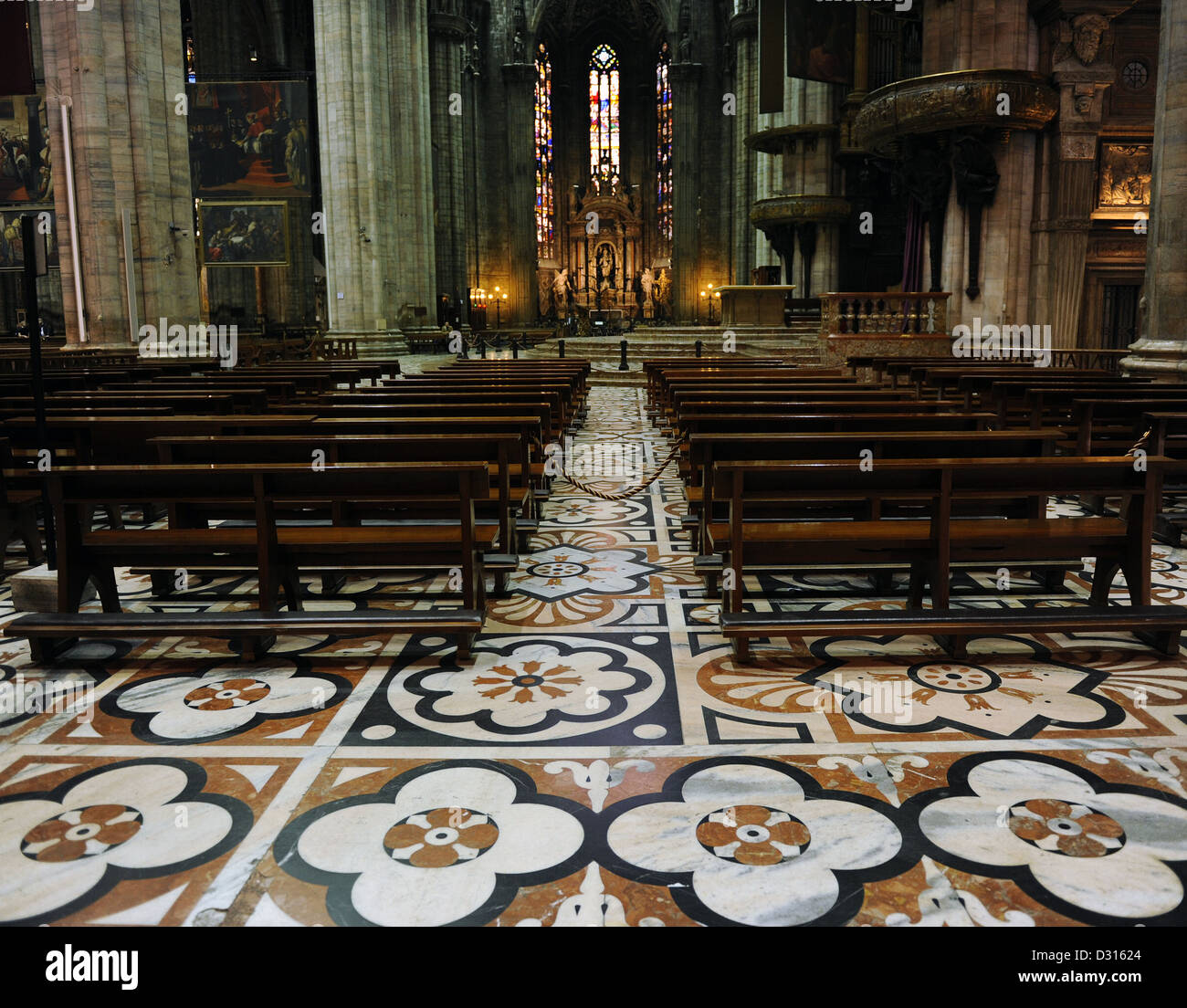 Italy. Milan. Cathedral. Gothic style. Polychromed marble mosaics decorating the pavement inside the temple. Stock Photo