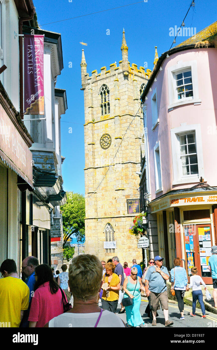 Looking down busy high street towards parish church, St Ives, Cornwall, England, UK Stock Photo