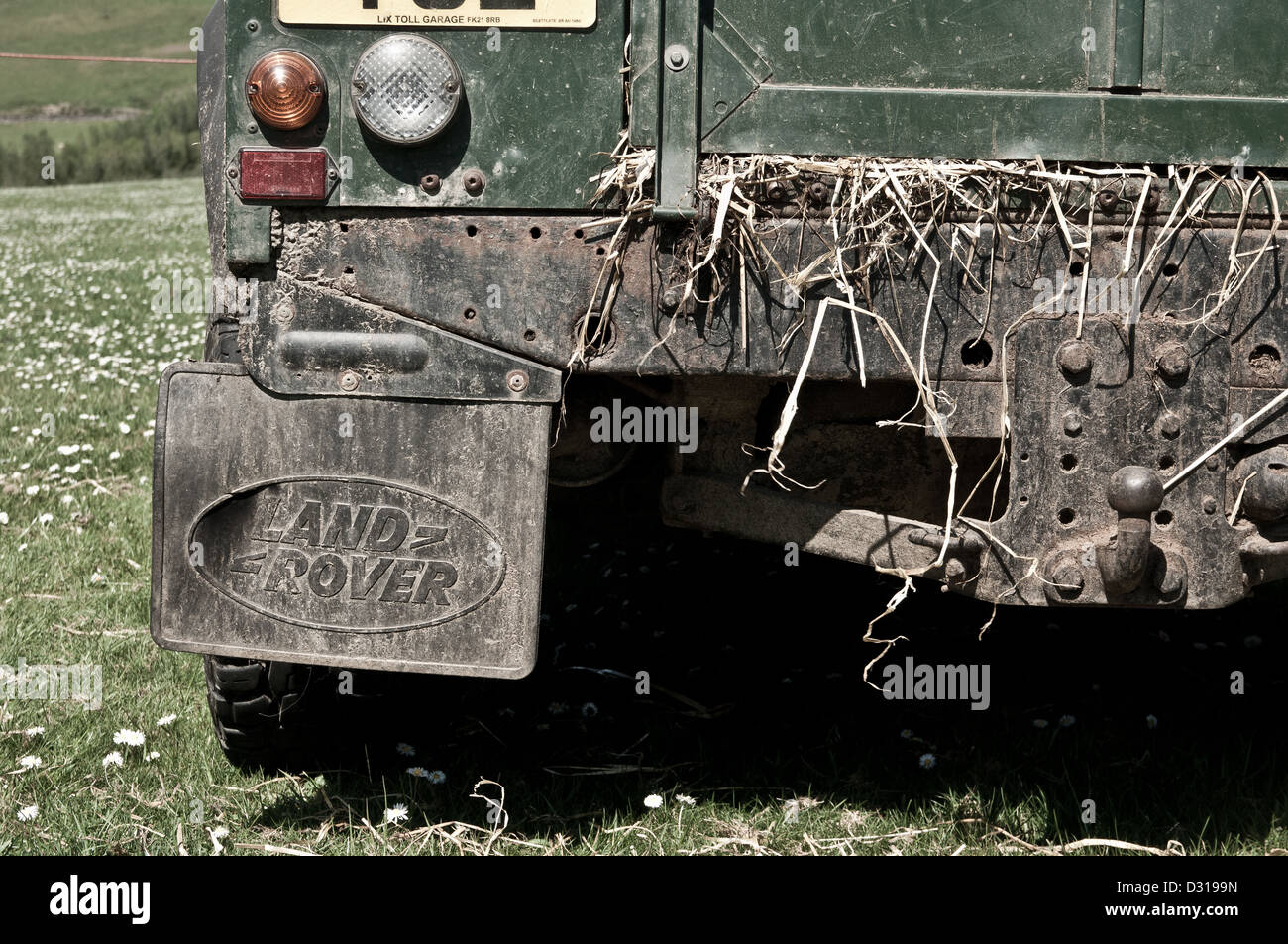 Rear view of land rover with hay hanging out the back door during sheep dog trials Achindaul