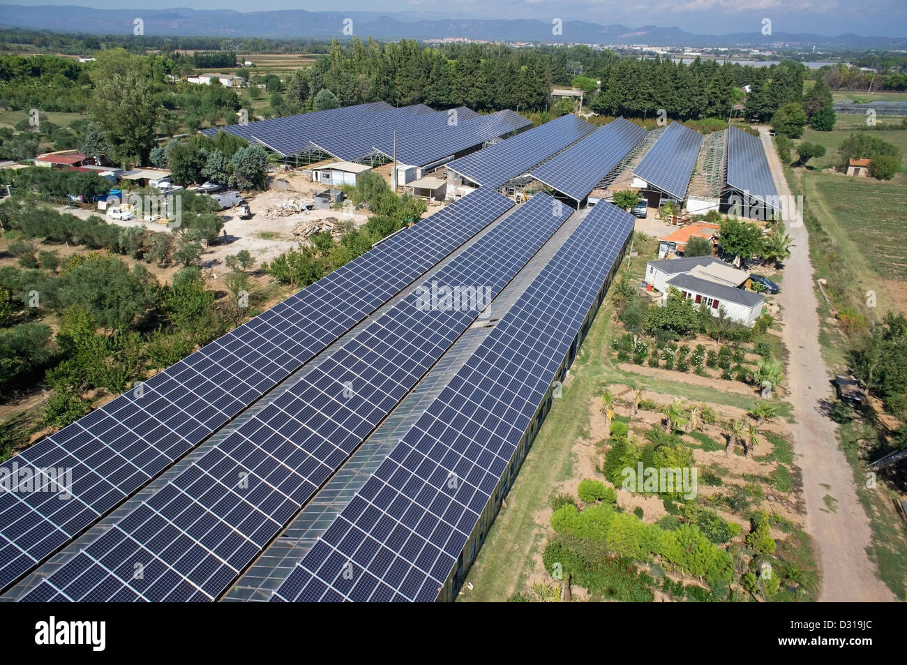 Aerial view of solar panels on commercial agricultural greenhouses, Roquebrune-sur-Argens, Var region, France Stock Photo