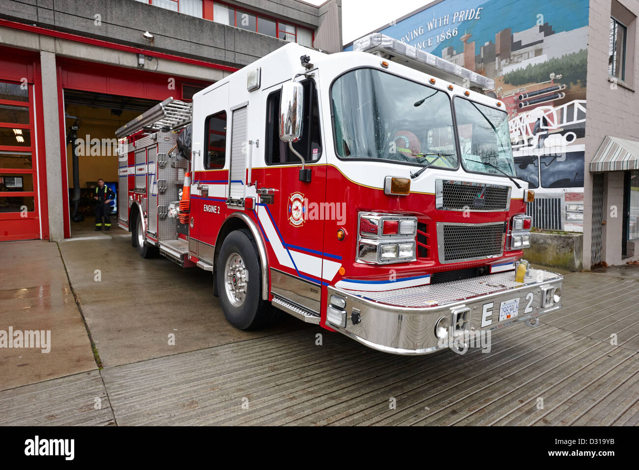 Vancouver fire rescue services truck engine outside hall 2 in downtown eastside BC Canada Stock Photo
