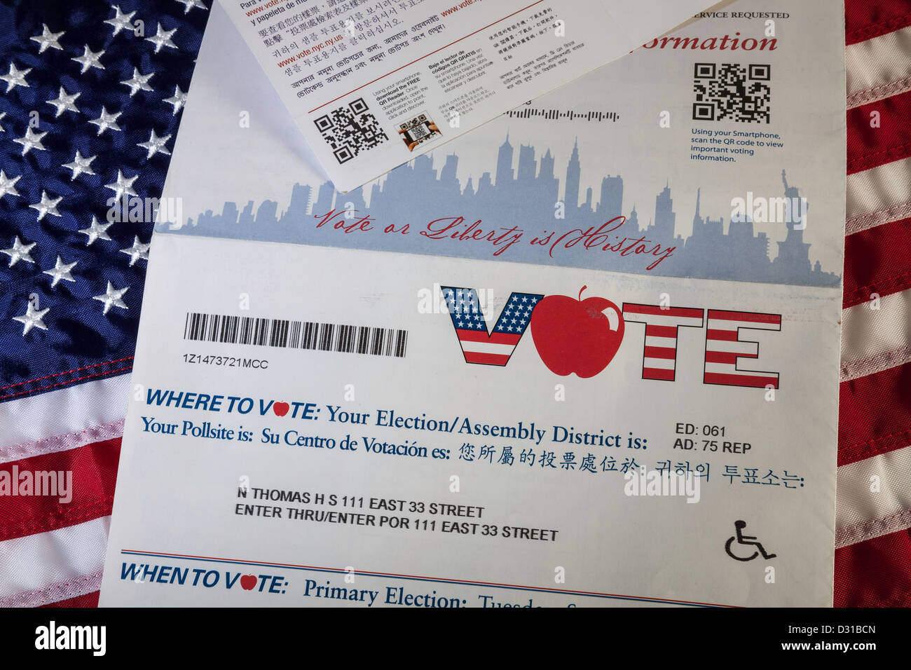 Still Life, close-up, Voter Information Direct Mailing Piece , US Flag, USA Stock Photo