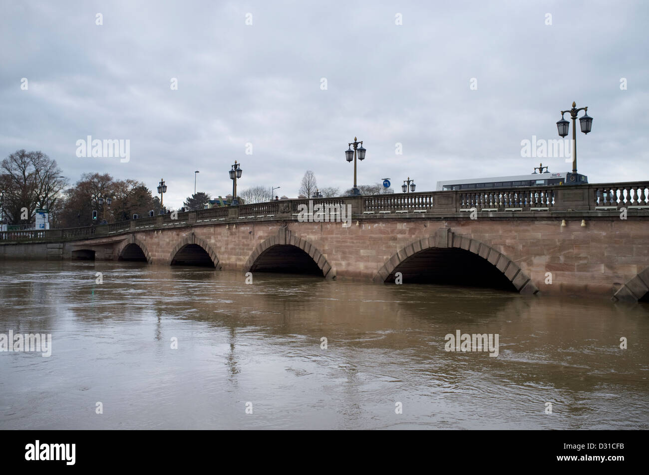 Worcester bridge and River Severn in flood, Worcester, Worcestershire, England, UK Stock Photo