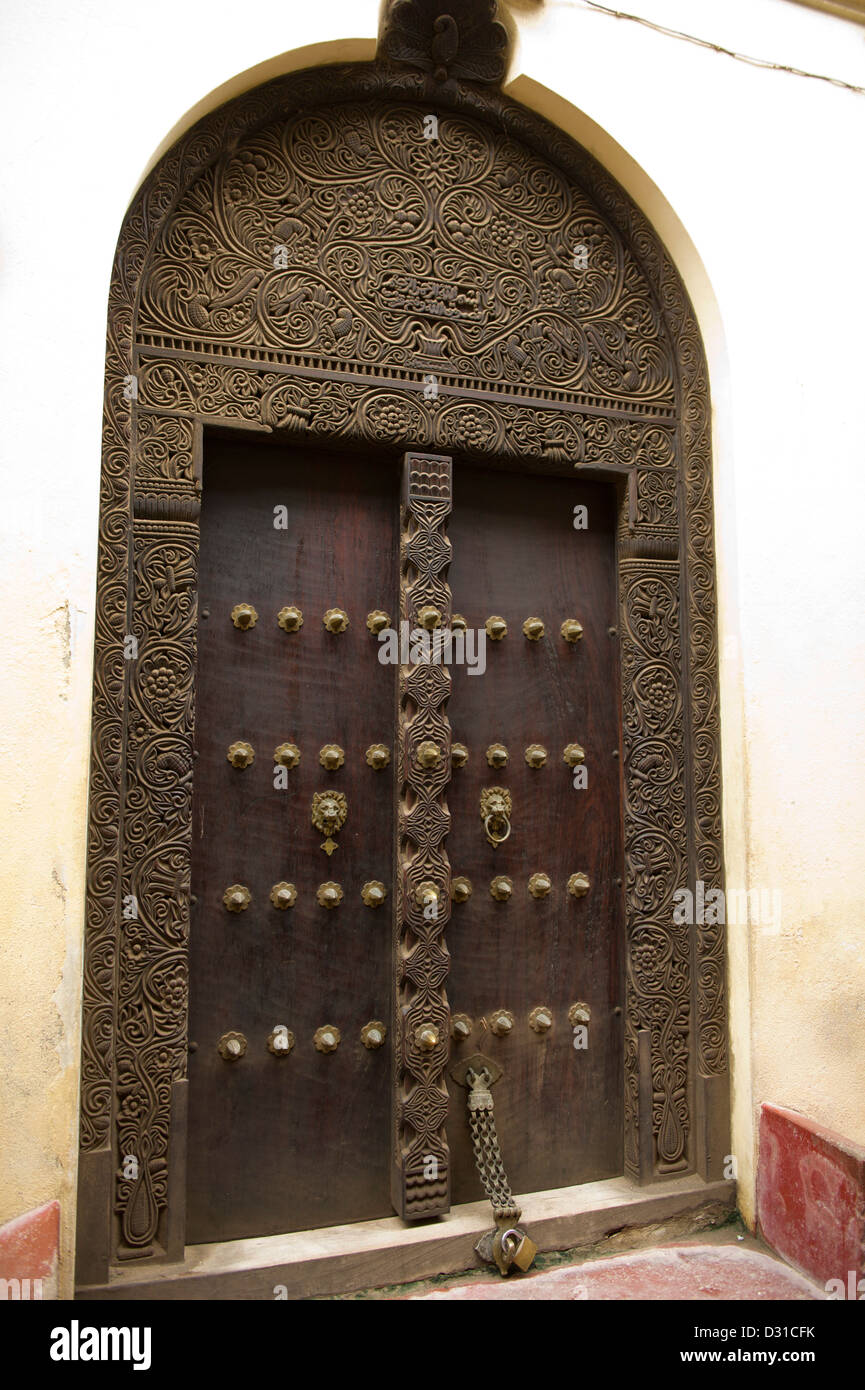 Old Zanzibar decorated door, Lamu, Lamu Archipelago, Kenya Stock Photo
