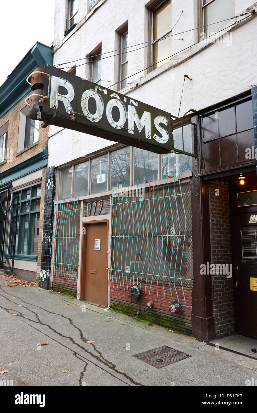 cheap run down hotel rooms on lower main street and hastings downtown eastside Vancouver BC Canada Stock Photo