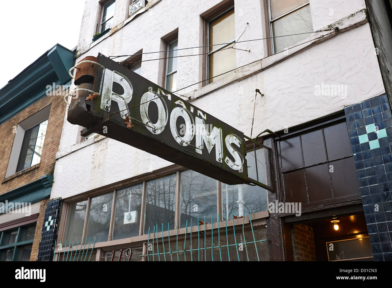 cheap run down hotel rooms on lower main street and hastings downtown eastside Vancouver BC Canada Stock Photo