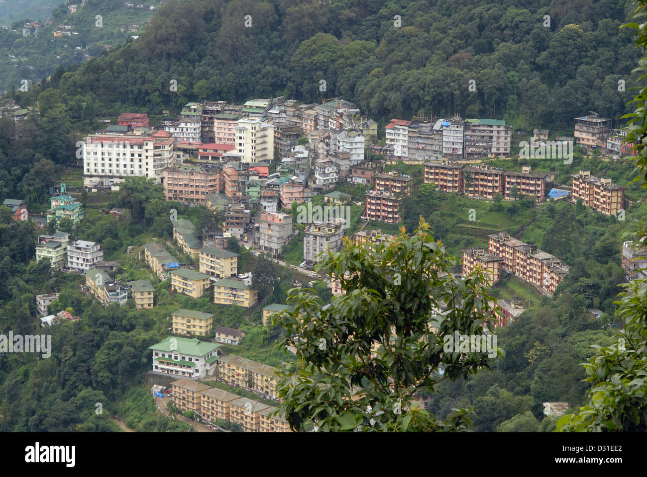 Closer-View of one of the hills at Gangtok (Sikkim). Showing small houses on the slopes. Stock Photo
