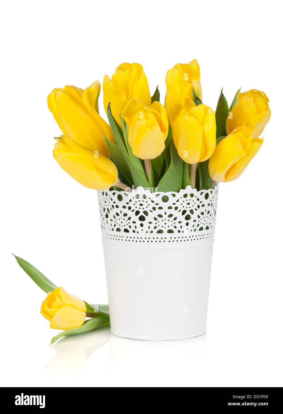 Yellow tulips in a vase. Isolated on white background Stock Photo Alamy