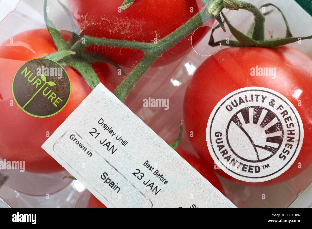Quality & Freshness Guaranteed TM symbol and information on packet of tomatoes grown in Spain Stock Photo