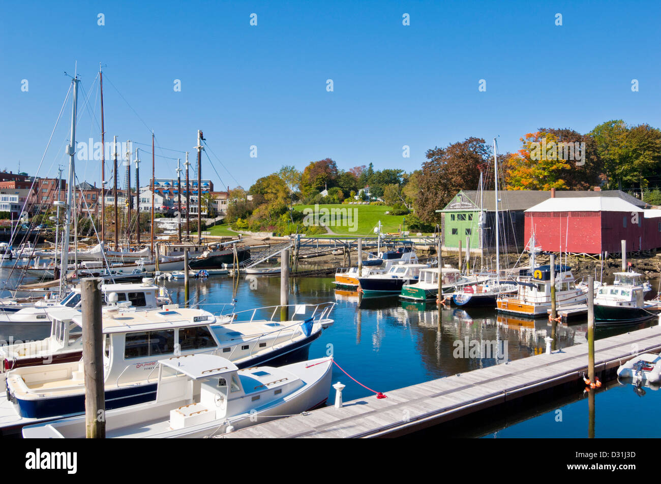 Yachts moored in Camden harbour harbor Maine USA United States of America Stock Photo