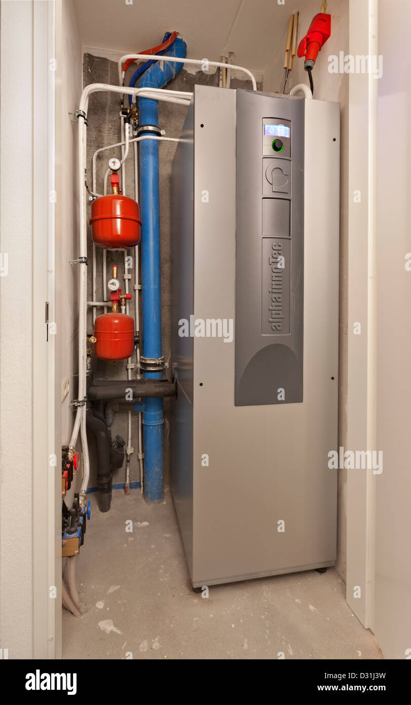 AlphaInnoTec Heatpump using ground sourced heat for underfloor heating in domestic dwelling. Stock Photo