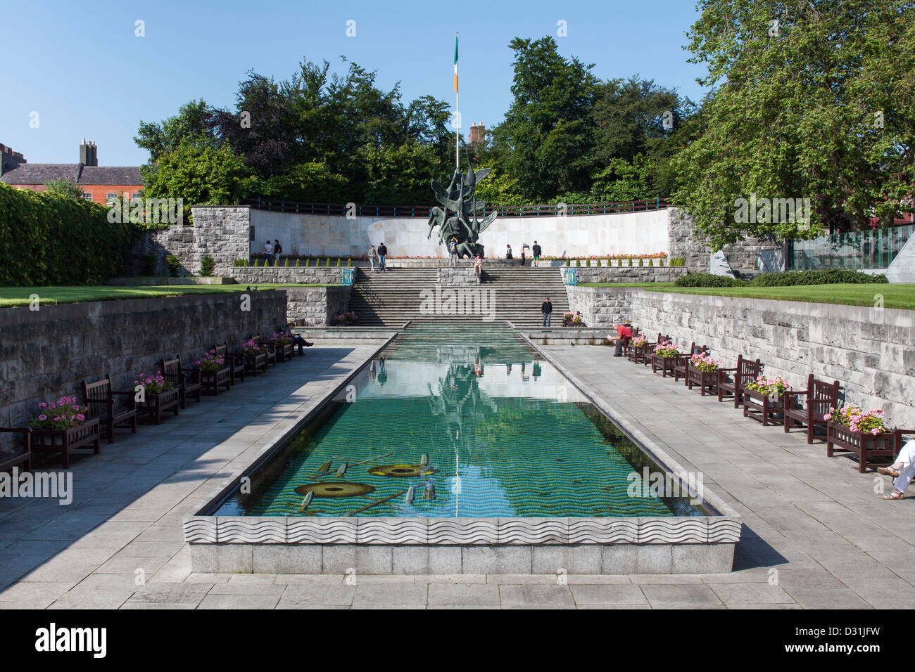 Garden of Remembrance, Dublin on a summer's day with water feature and