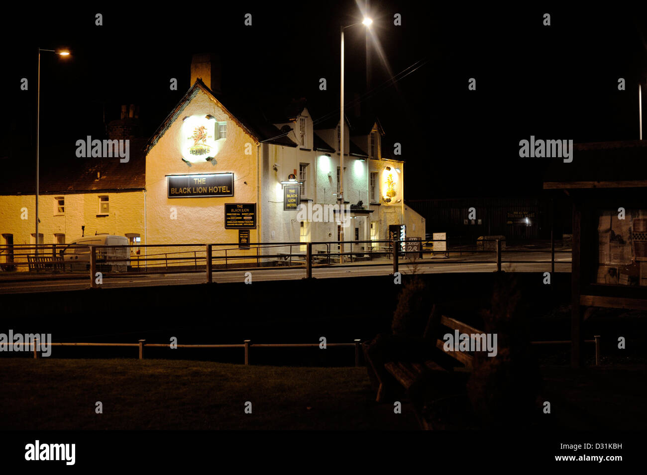 The Black Lion pub, Llanrhystud, Wales, at night. Stock Photo