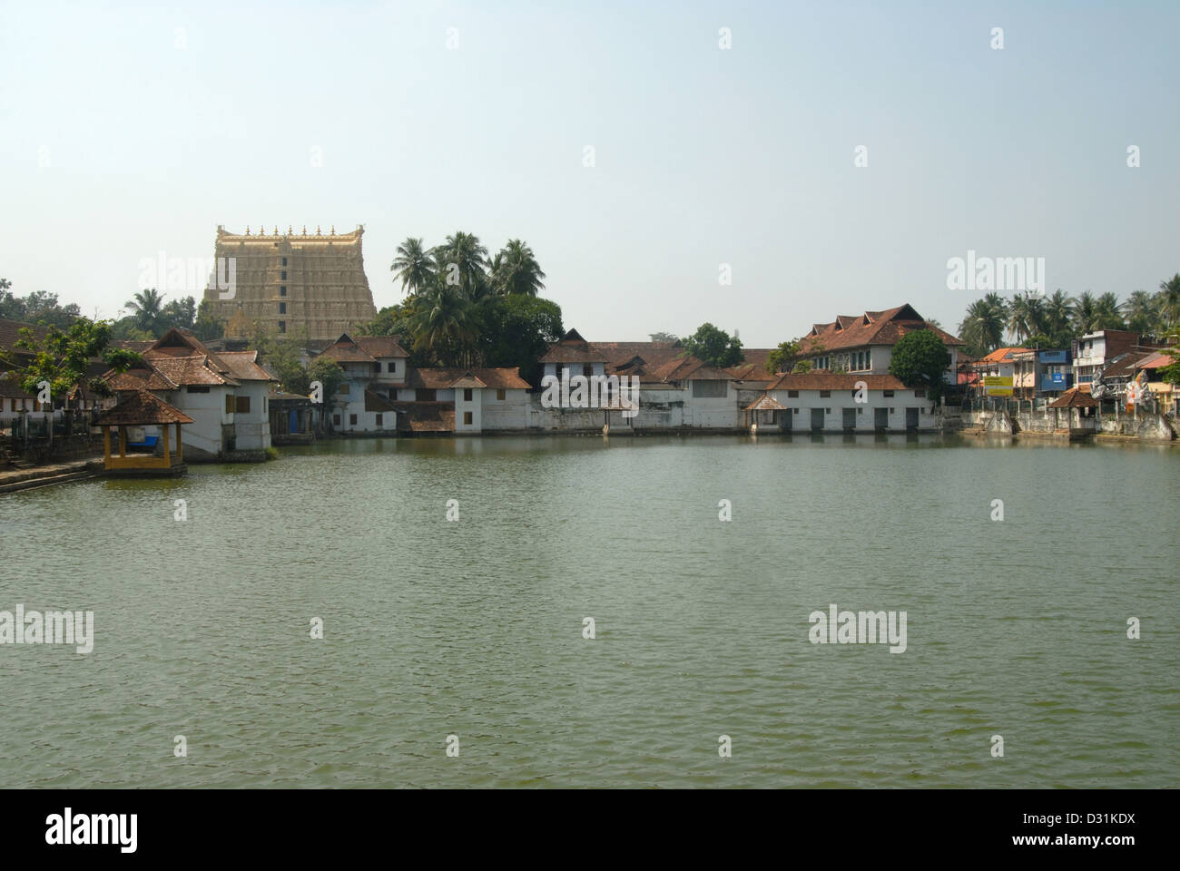 General view showing lake and Gopuram, main entrance of Shri Padmanabhaswamy temple, Thiruvananthapuram, India. Stock Photo