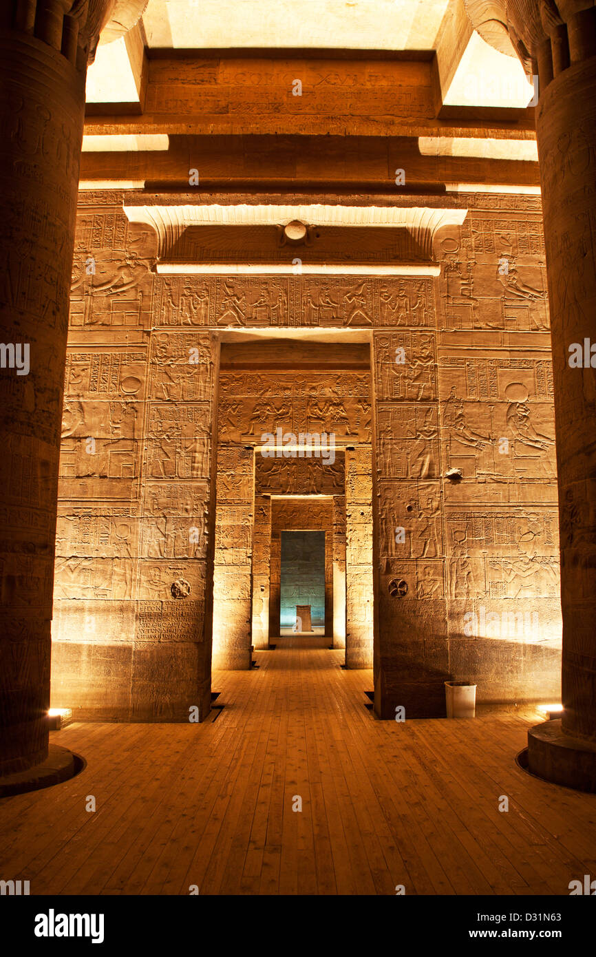 Sound and Light Show at Isis Temple, Philae, Aswan, showing temple interior with pedestal for ceremonial barque at the end. Stock Photo
