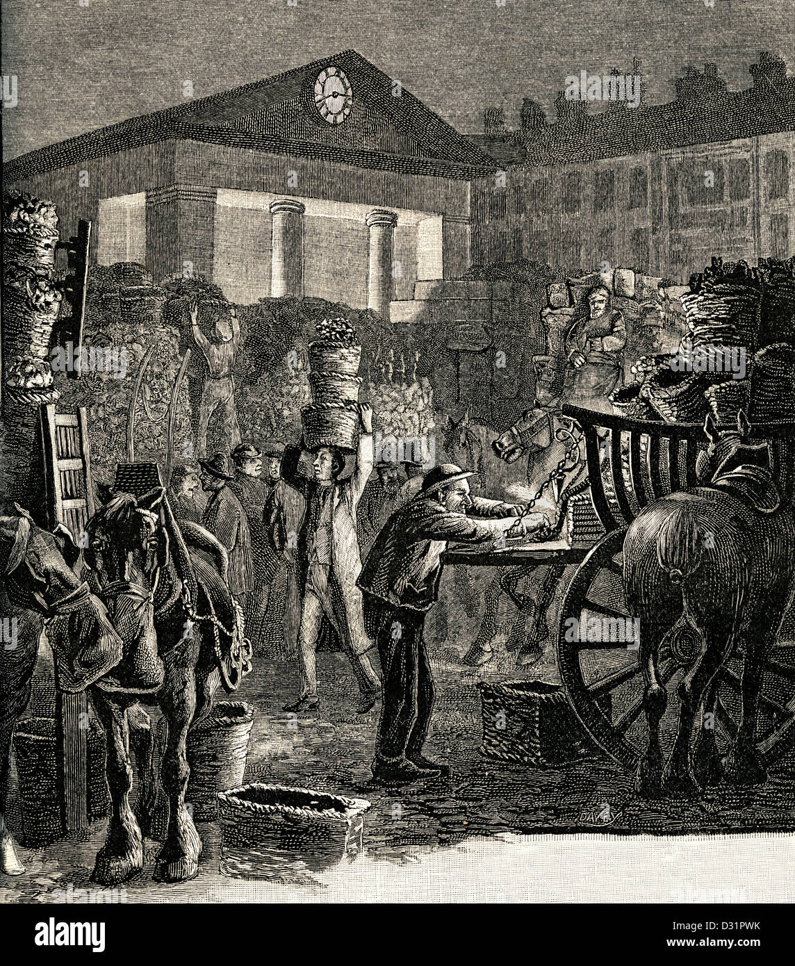 Historic Black and White etching illustration of Covent Garden market at night in the early 1800's Stock Photo
