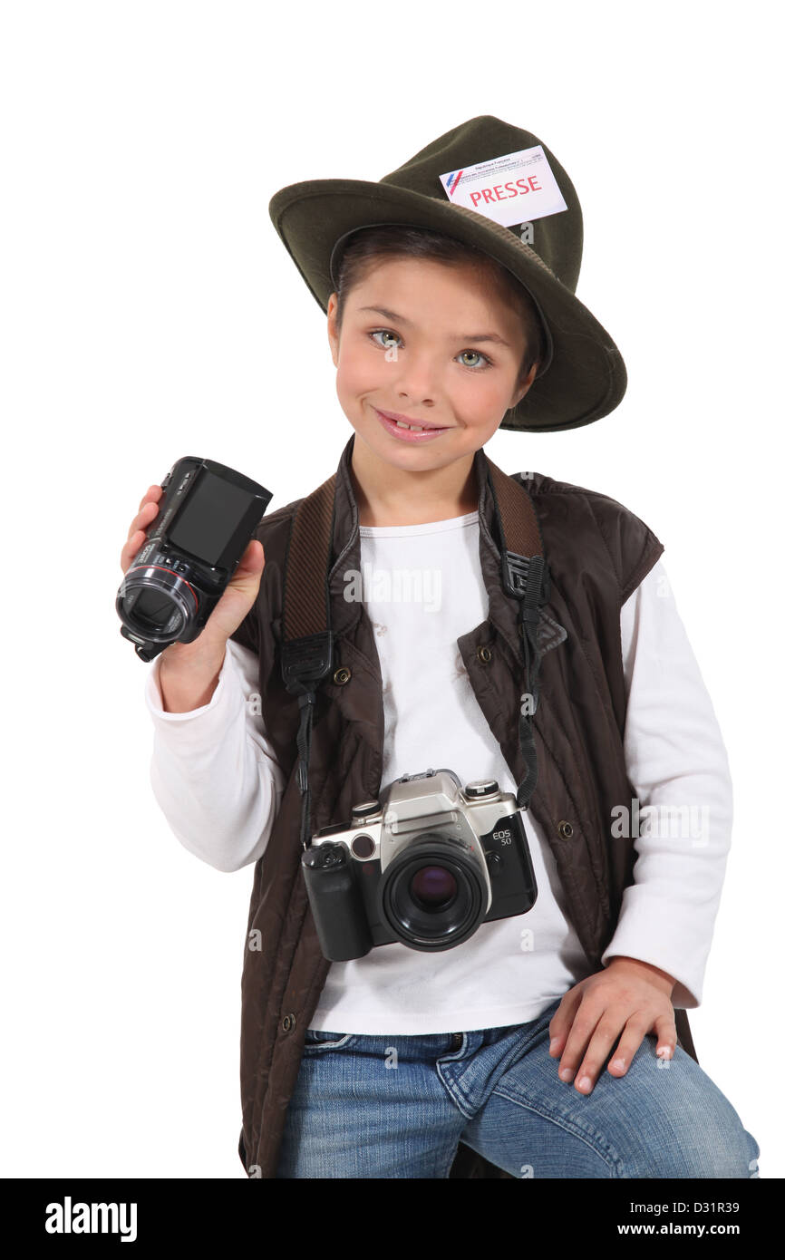 Little girl dressed as a reporter Stock Photo