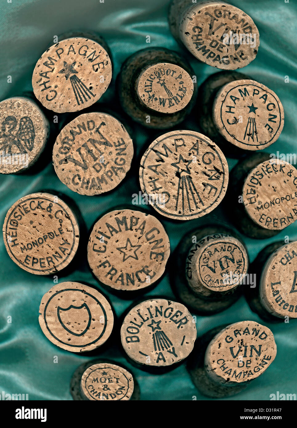 Selection of fine French champagne corks including Dom Perignon, Bollinger, Heidsieck ,Veuve Clicquot and Moet Chandon France Stock Photo