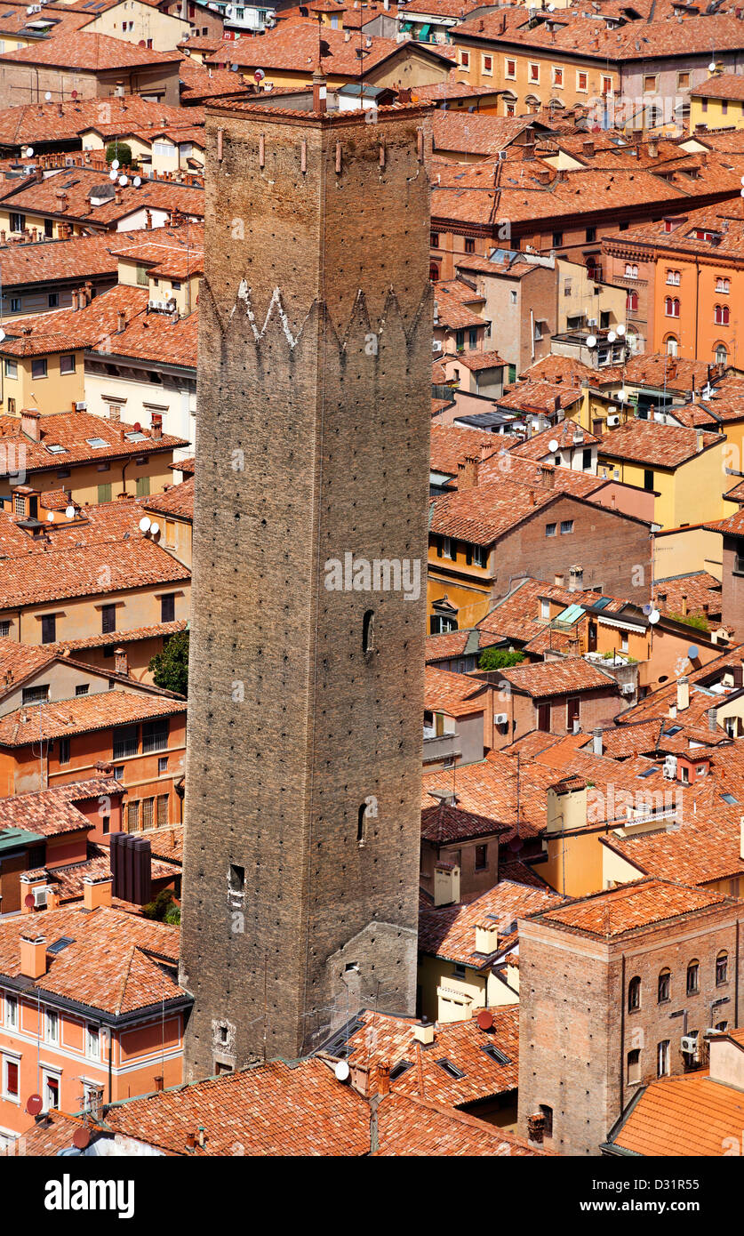 View of leaning tower from Asinelli tower. Towers are symbol of the town of Bologna Stock Photo
