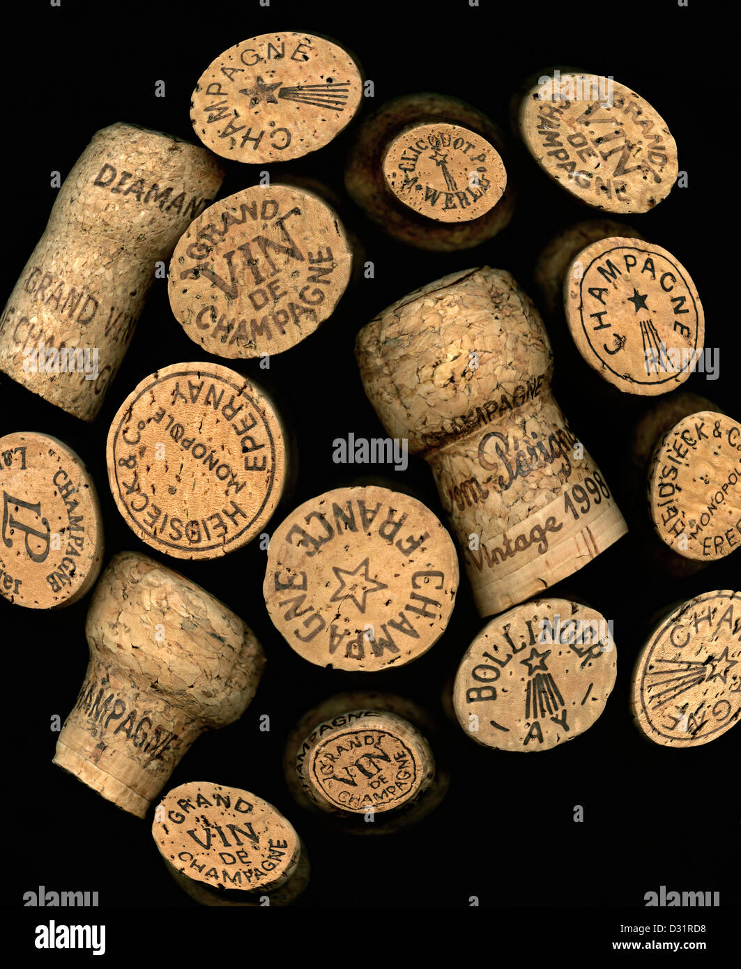 Selection of French fine champagne corks including Dom Perignon, Bollinger, Heidsieck ,Veuve Clicquot and Moet Chandon France Stock Photo