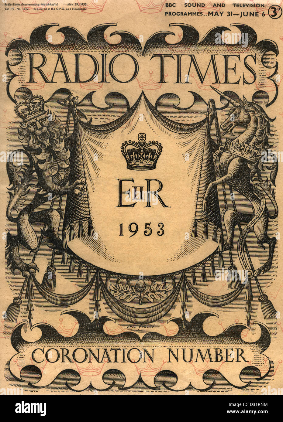 CORONATION BBC Historic front cover The Radio Times featuring 1953 broadcast coverage of Queen Elizabeth II Coronation at Westminster Abbey London UK. Stock Photo
