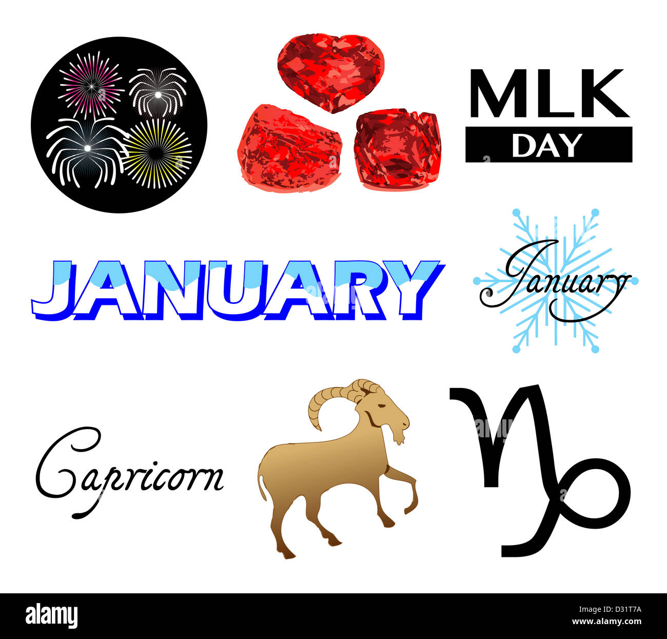 Illustration of eight January Icons including birthstones, holidays and
