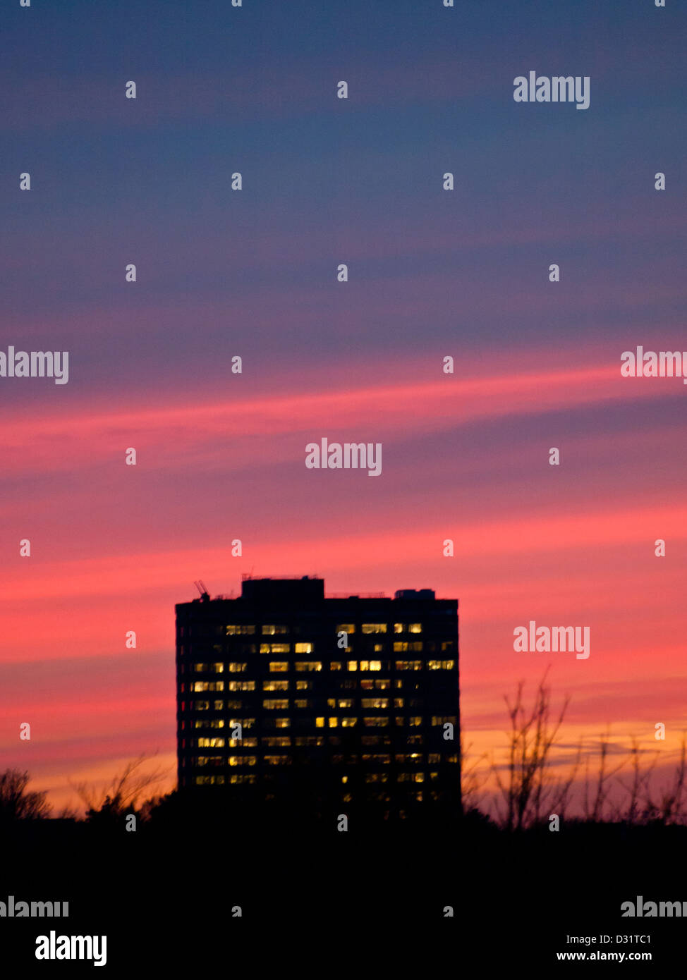 View of A block of high rise apartments, with windows illuminated by lights ...