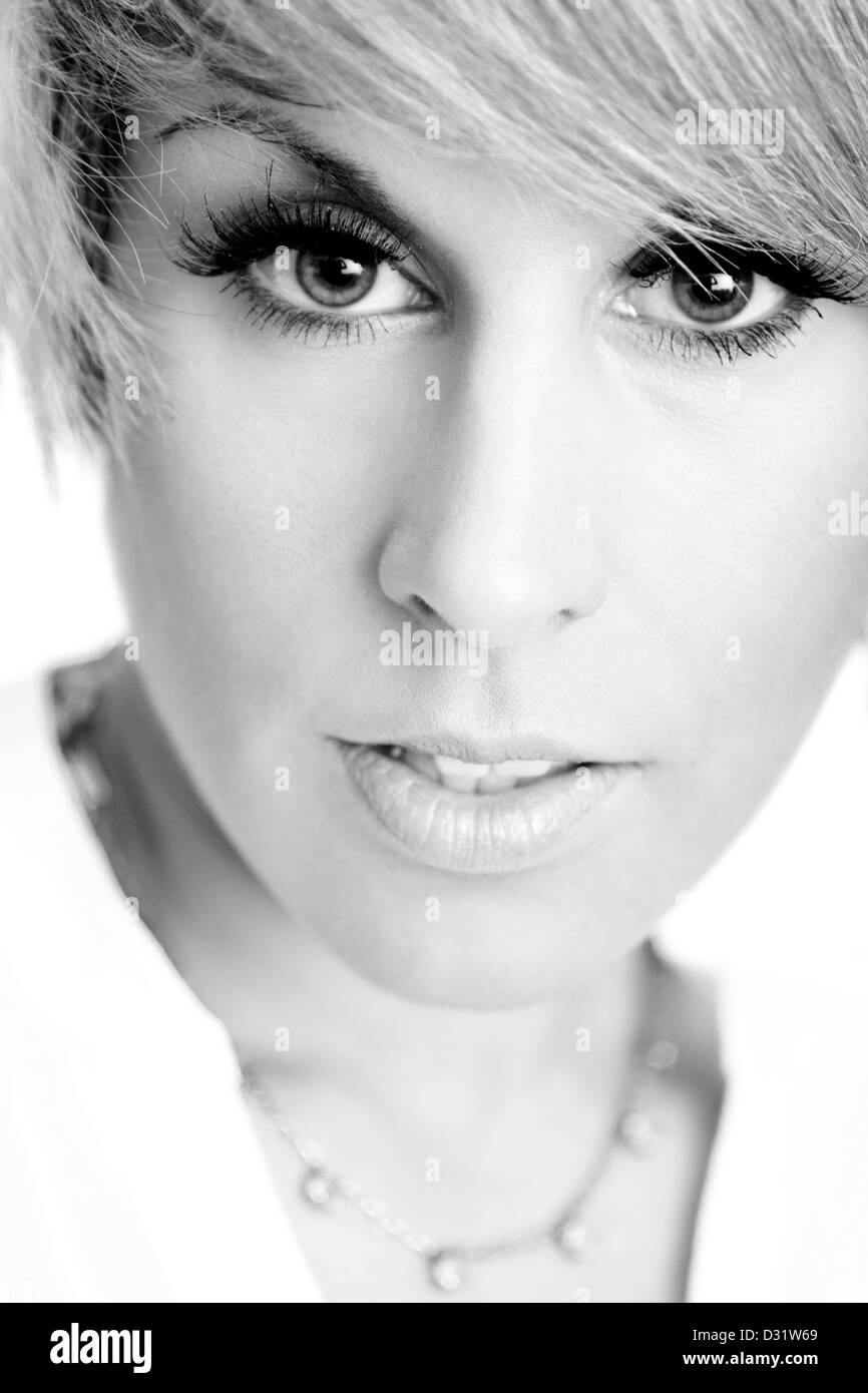 Black and white beauty portrait of a young woman with short hair Stock ...