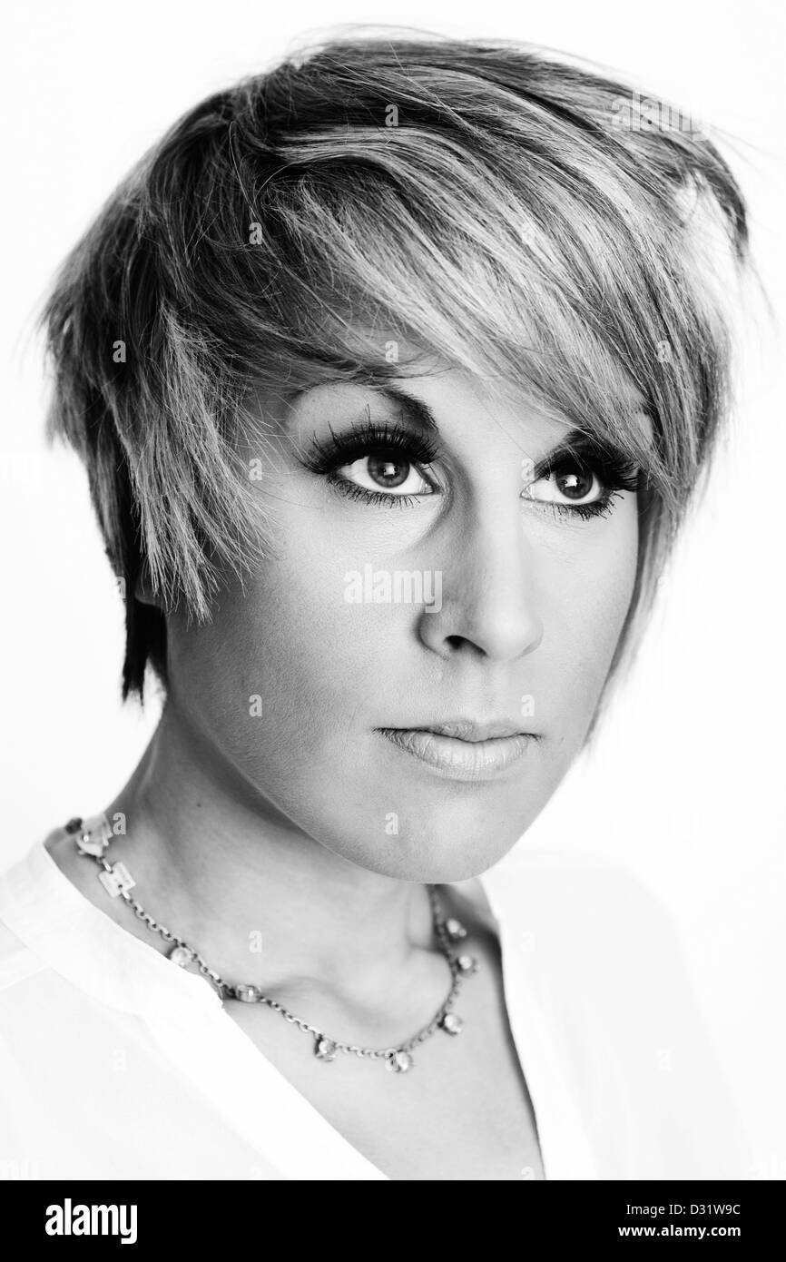 Black and white beauty portrait of a young woman with short hair Stock ...