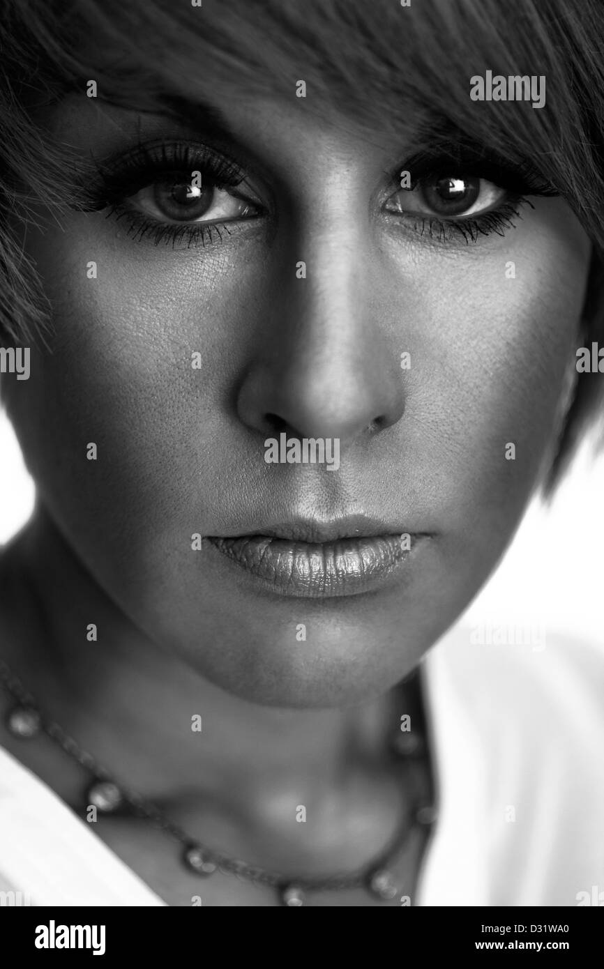 Black and white beauty portrait of a young woman with short hair Stock ...