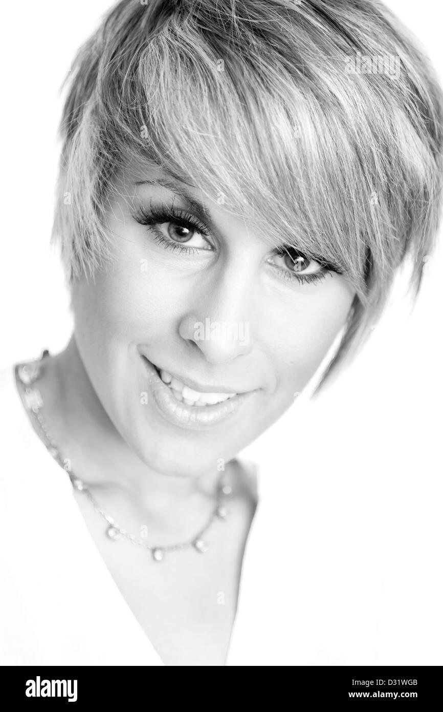 Black and white beauty portrait of a young woman with short hair Stock ...