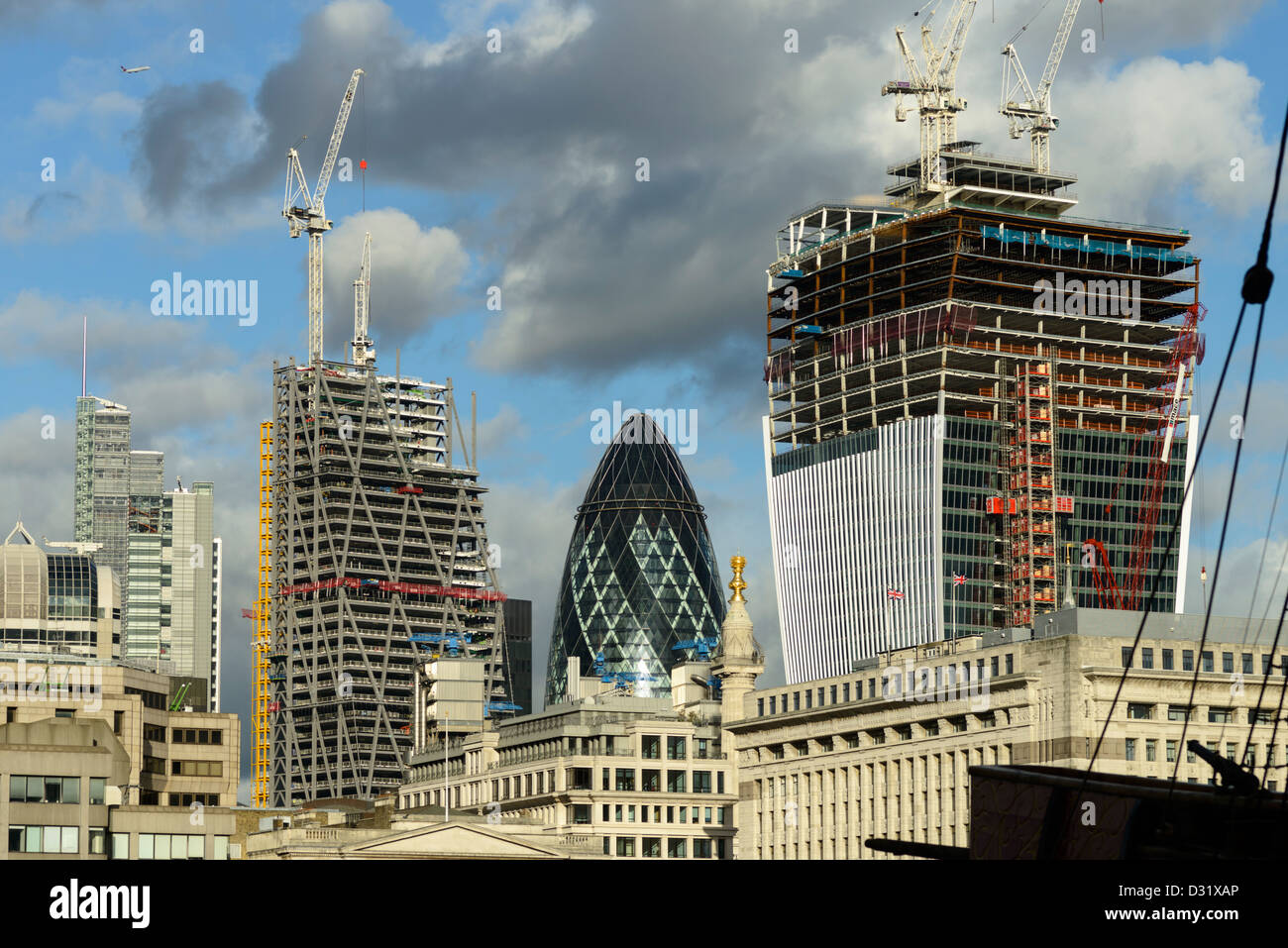 20 Fenchurch Street building under construction with the Swiss Re and Heron Towers, City of London, England, UK Stock Photo