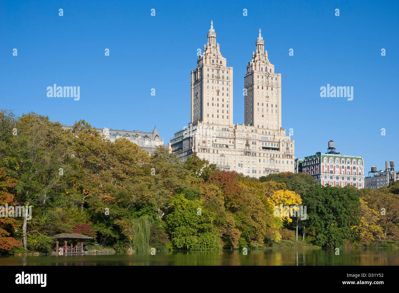 San Remo's twin towers, autumn in Central Park, New York, USA Stock Photo