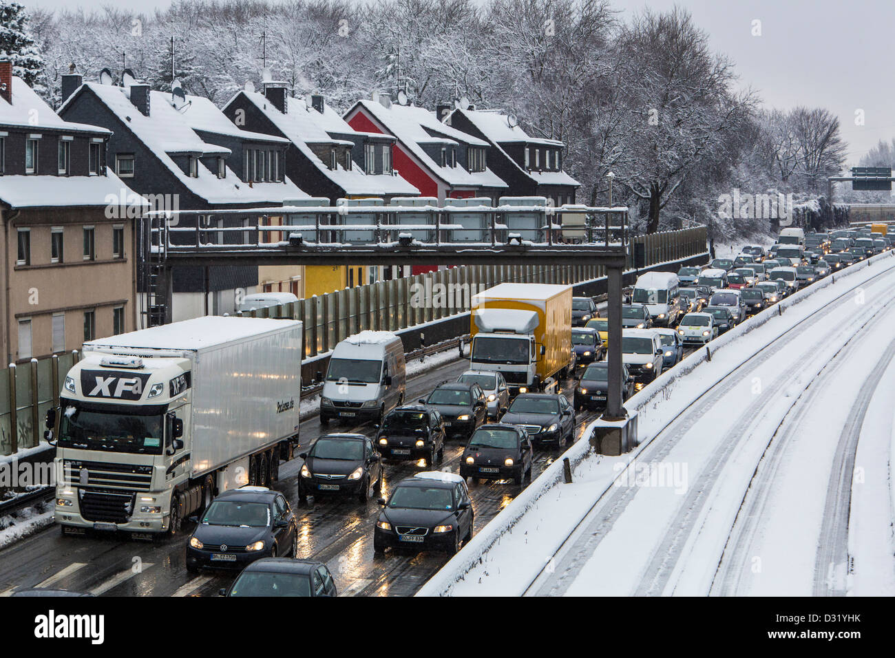 Traffic jam on German Autobahn, A40, after heavy snow fall. Hundreds of