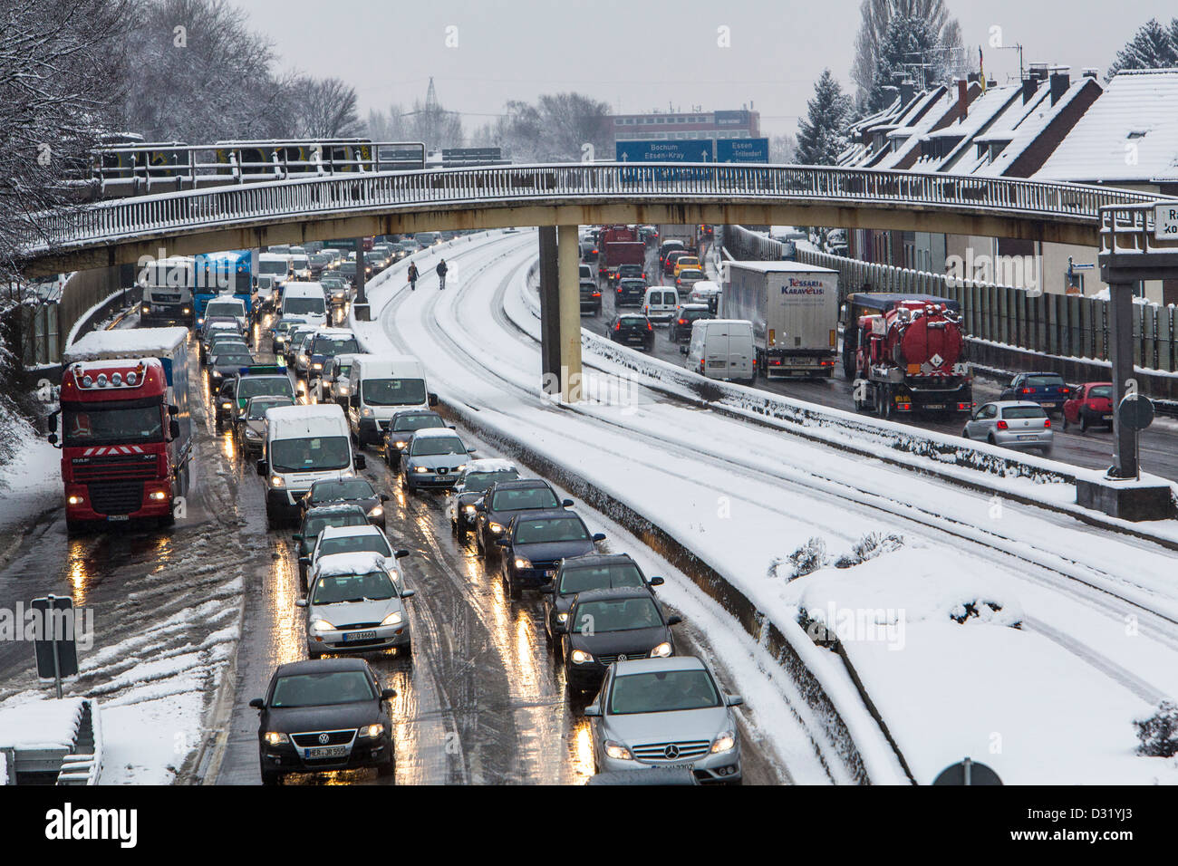 Traffic jam on German Autobahn, A40, after heavy snow fall. Hundreds of
