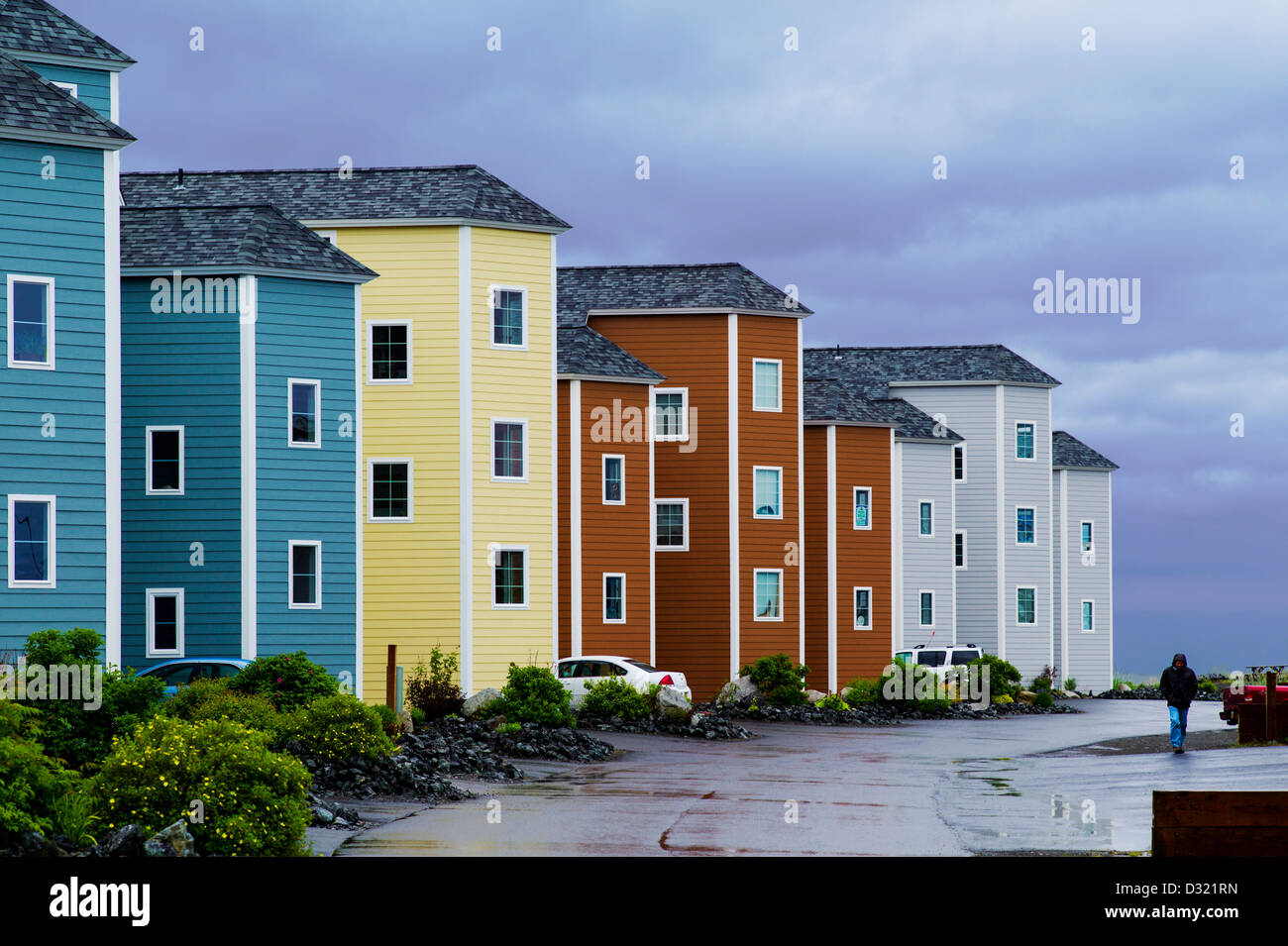Colorful condominiums provide lodging for tourists on Homer Spit, Homer, Alaska, USA Stock Photo